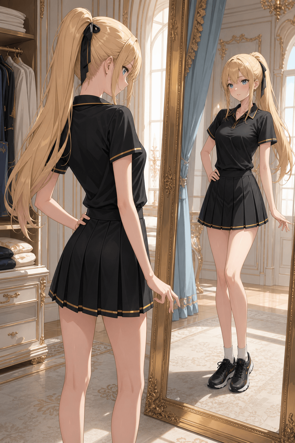 短いテニススカートを気にするオフェルテ