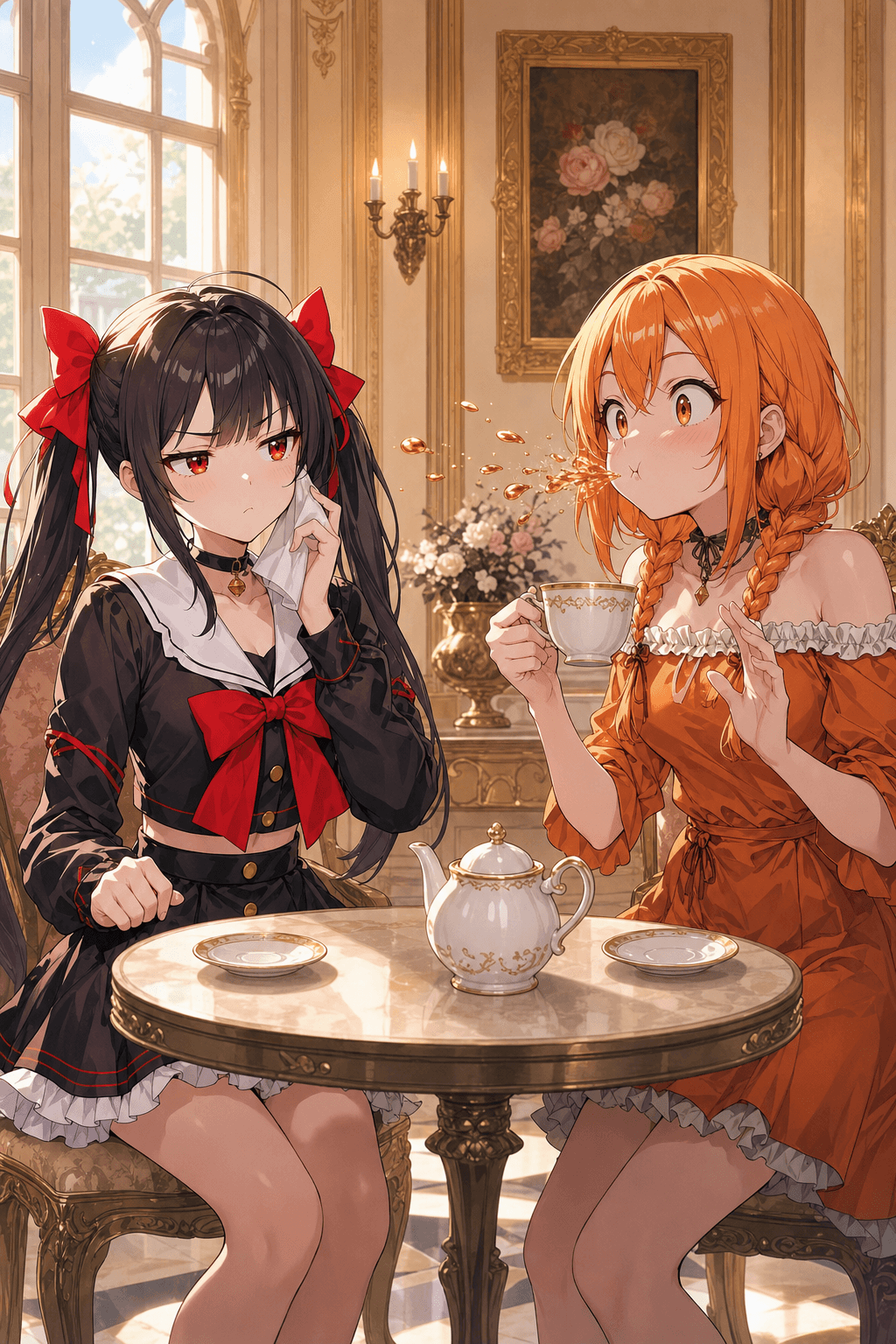 紅茶を吹き出すリリィと睨むユイナス